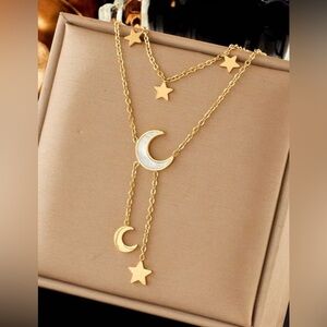 Gold Plated Stainless Steel Moon & Star Lariat Necklace